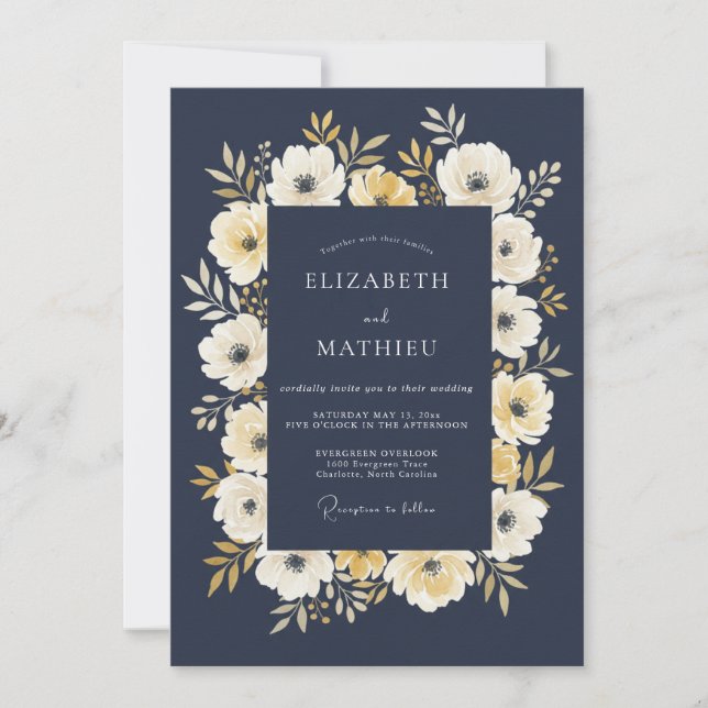 Navy Cream Floral Arch Flourish Wedding Invitation (Front)