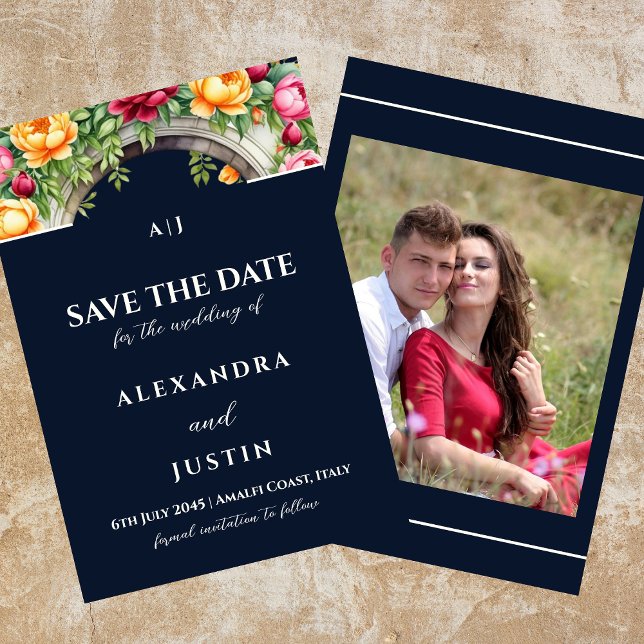 Navy Cream Floral Arch Save the Date Photo Invitation (Creator Uploaded)