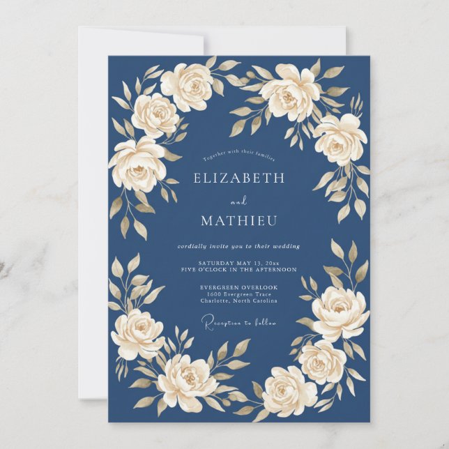 Navy Cream Floral Garland Wedding Invitation (Front)