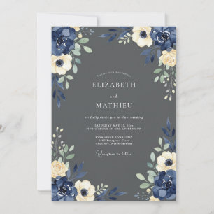 Navy Cream Floral Wedding Invitation