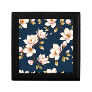Navy Cream Magnolia Blossom Pattern Gift Box