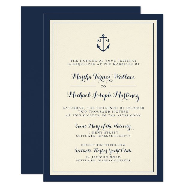 Navy & Cream Monogram Anchor Wedding Invitation