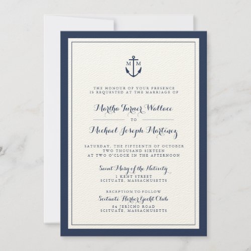 Navy  Cream Monogram Anchor Wedding Invitation