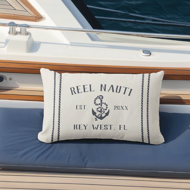 Navy & Cream Personalized Boat Name Anchor Lumbar Pillow (Creator Uploaded)