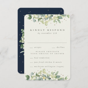 Navy/Cream Snowberry+Eucalyptus Edged Wedding RSVP Card