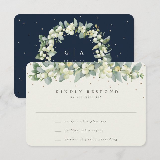 Navy/Cream Snowberry+Eucalyptus Garland Wedding RSVP Card (Front/Back)