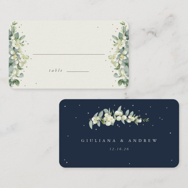 Navy/Cream Snowberry+Eucalyptus Wedding Flat Place Card (Front/Back)