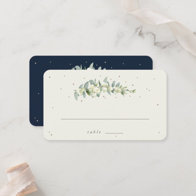Navy/Cream Snowberry+Eucalyptus Wedding Flat Place Card (Front/Back In Situ)