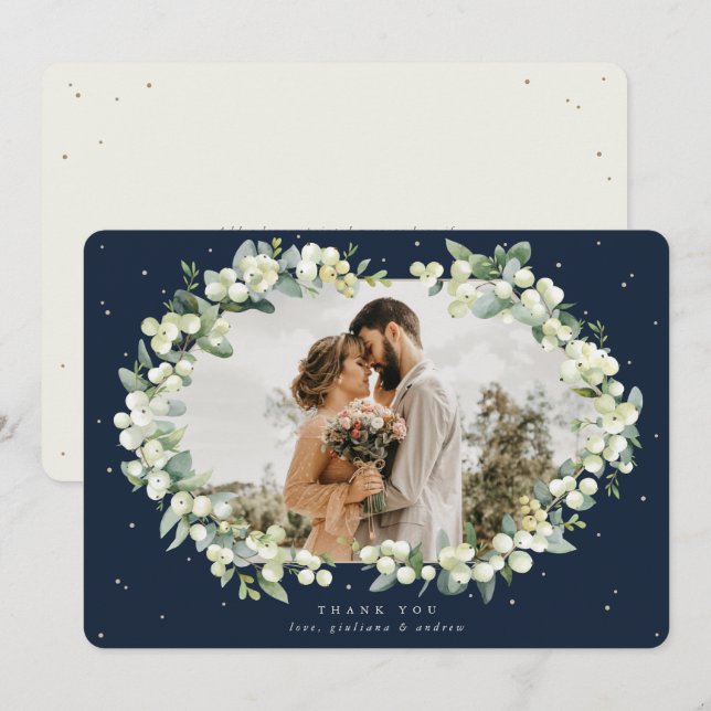 Navy/Cream Snowberry+Eucalyptus Wedding Photo Thank You Card (Front/Back)