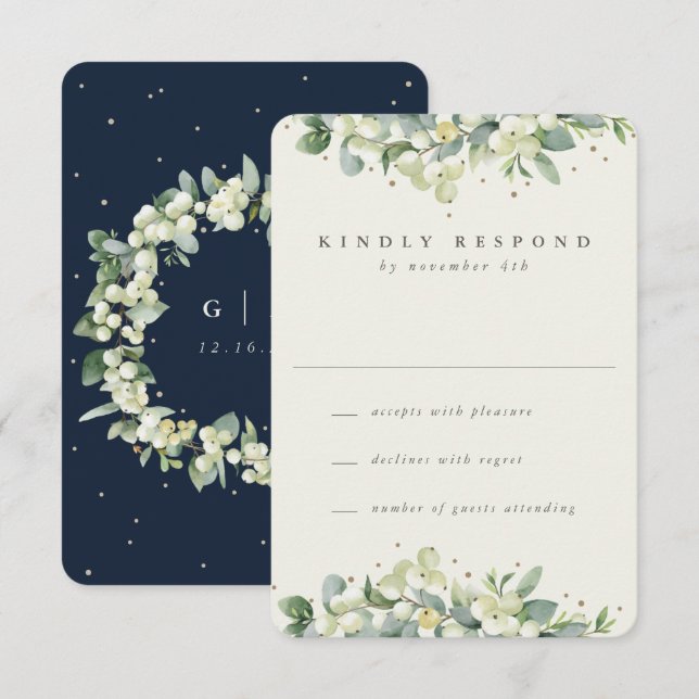 Navy/Cream Snowberry+Eucalyptus Winter Wedding RSVP Card (Front/Back)