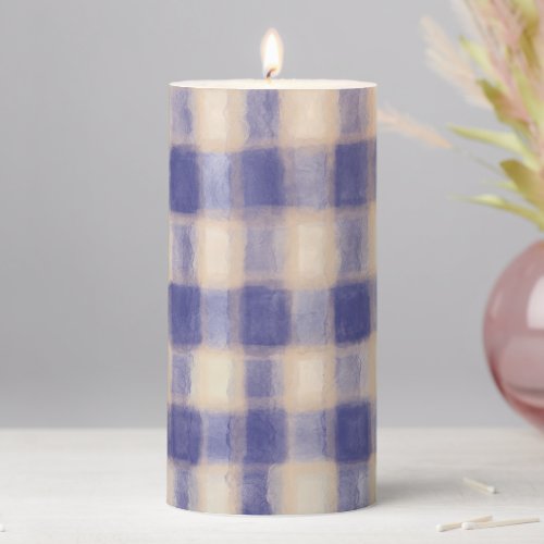 Navy cream tartan buffalo plaid watercolor rustic  pillar candle