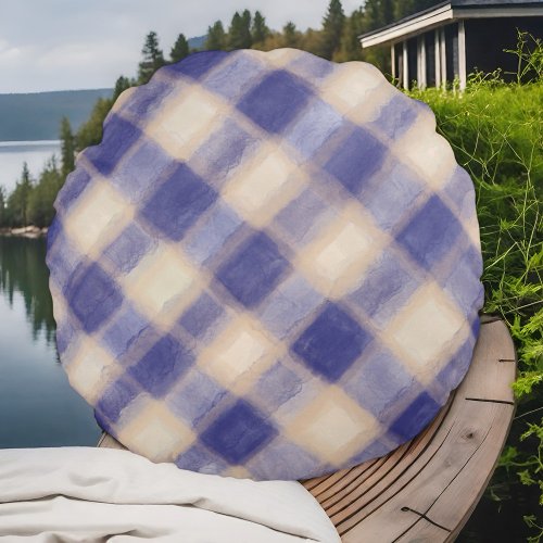 Navy cream tartan buffalo plaid watercolor rustic  round pillow