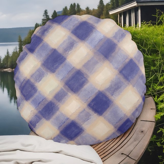 Navy cream tartan buffalo plaid watercolor rustic  round pillow (Creator Uploaded)