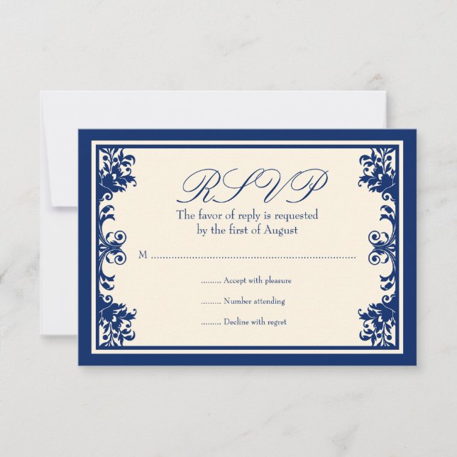 Navy Cream Vintage Flourish Scroll Response Card (Front)