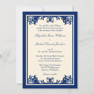 Navy Cream Vintage Flourish Scroll Wedding Invitation