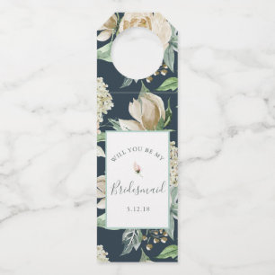 Navy & Cream Vintage Watercolor Floral Bridesmaid Bottle Hanger Tag