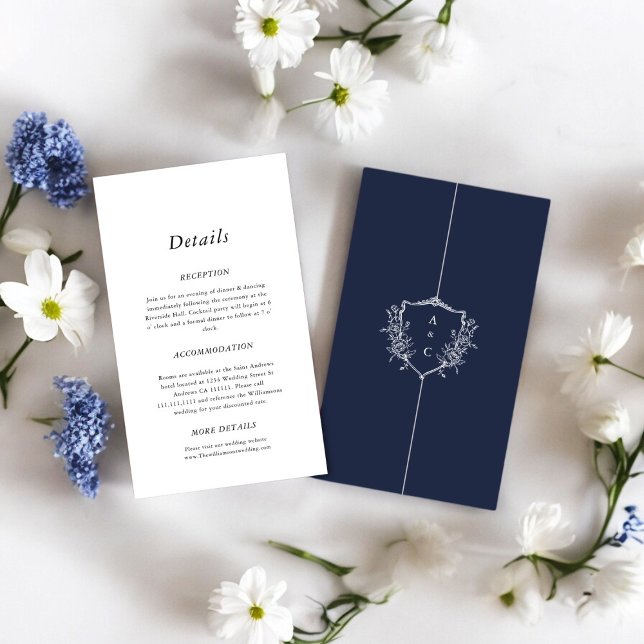 Navy crested minimal wedding Details Enclosure  Card (wedding details card in navy blue and white , stylish crested initials , )