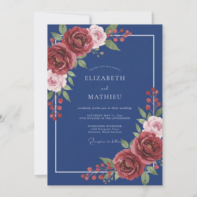 Navy Crimson Blossom Romance Wedding Invitation (Front)
