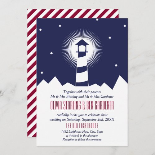Navy  Crimson  Lighthouse Wedding Invitation
