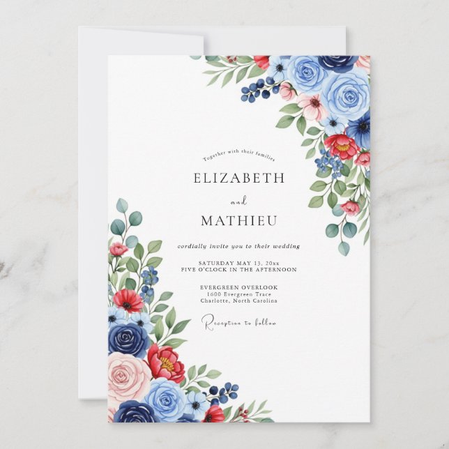 Navy Crimson Vibrant Botanical Wedding Invitation (Front)
