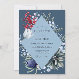 Navy Crimson Wildflower Wedding Invitation