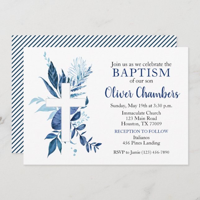 Navy Cross Rustic Boy Baptism Invitation (Front/Back)