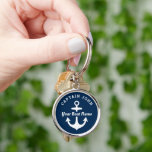 Navy Custom Captain and Boat Name Anchor Keychain<br><div class="desc">Round nautical keychain design features a simple,  stylish navy blue and white coastal style design with boat anchor accent. Personalize the custom text with the name of the boat and boat owner / captain,  location,  or other preferred wording.</div>