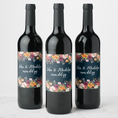 Navy Custom Fall Boho Wedding Watercolor Floral Wine Label