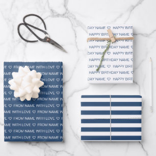 Navy Custom Happy Birthday With Love Wrapping Paper Sheets