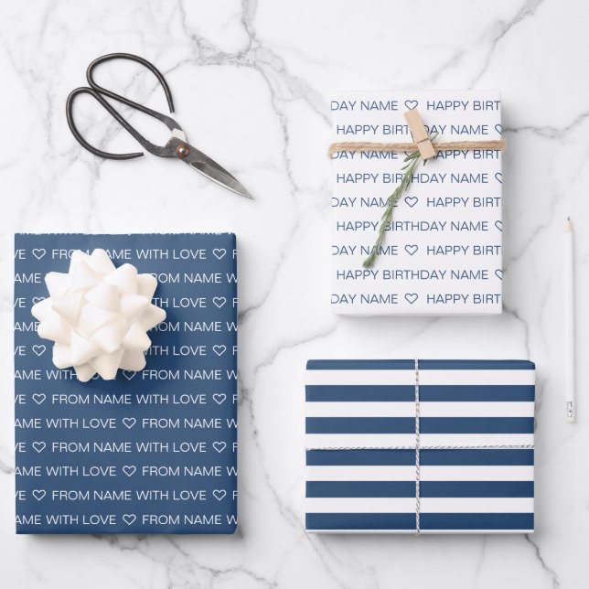 Navy Custom Happy Birthday With Love  Wrapping Paper Sheets (Front)