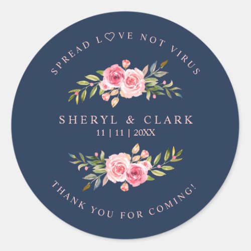 Navy Custom Pink Garland Wreath Wedding Sanitizer Classic Round Sticker