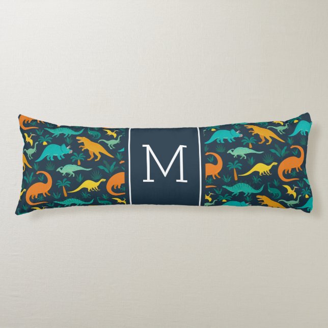 Navy | Cute Colorful Dinosaur Pattern Kid Monogram Body Pillow (Front)