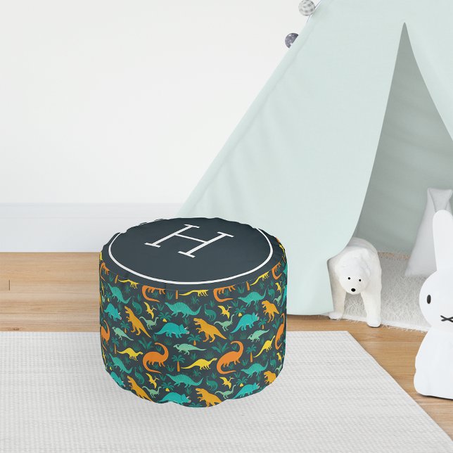 Navy | Cute Colorful Dinosaur Pattern Kid Monogram Pouf (Creator Uploaded)