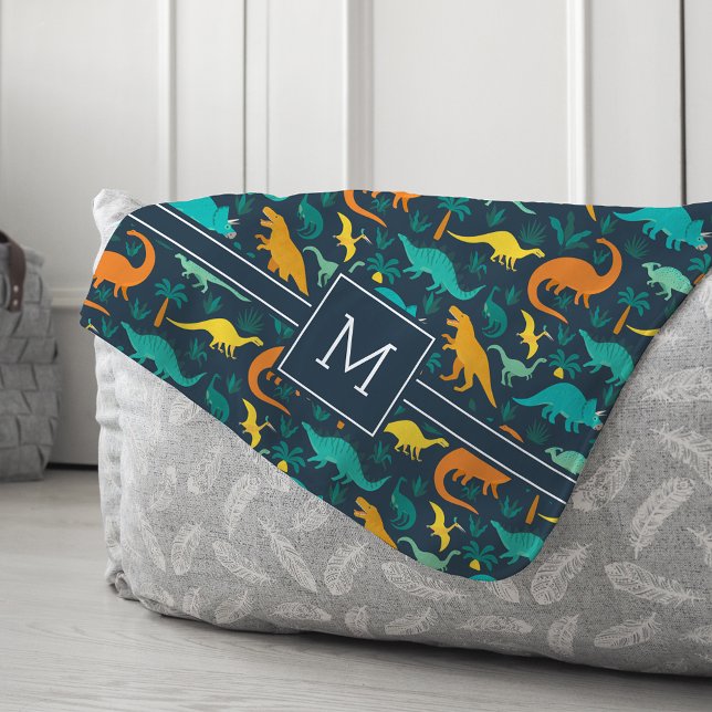 Navy | Cute Colorful Dinosaur Pattern Kid Monogram Sherpa Blanket (Creator Uploaded)