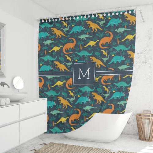 Navy  Cute Colorful Dinosaur Pattern Kid Monogram Shower Curtain