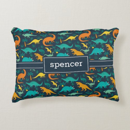 Navy  Cute Colorful Dinosaur Pattern Kids Name Accent Pillow