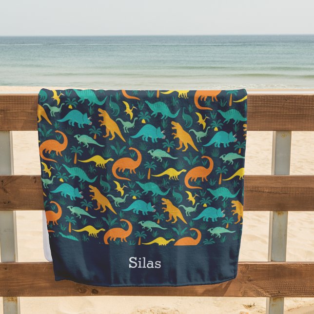 Navy | Cute Colorful Dinosaur Pattern Kids Name Beach Towel (Creator Uploaded)