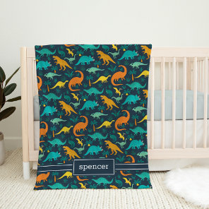 Navy | Cute Colorful Dinosaur Pattern Kids Name Fleece Blanket