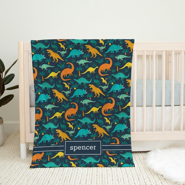 Navy | Cute Colorful Dinosaur Pattern Kids Name Fleece Blanket (Creator Uploaded)