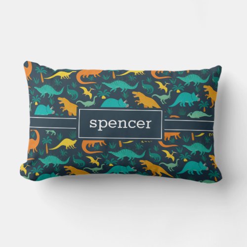 Navy  Cute Colorful Dinosaur Pattern Kids Name Lumbar Pillow