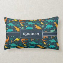 Navy | Cute Colorful Dinosaur Pattern Kids Name Lumbar Pillow
