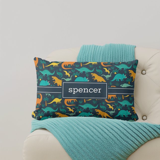 Navy | Cute Colorful Dinosaur Pattern Kids Name Lumbar Pillow (Creator Uploaded)