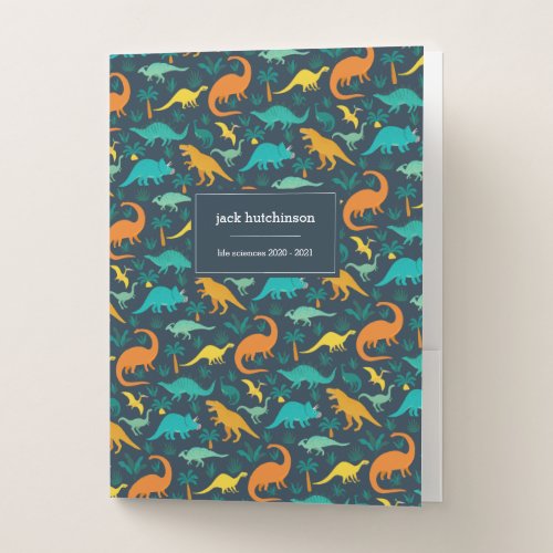Navy | Cute Colorful Dinosaur Pattern Kids Name Pocket Folder