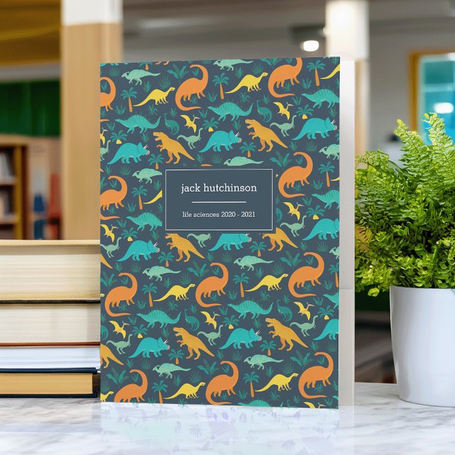 Navy | Cute Colorful Dinosaur Pattern Kids Name Pocket Folder (Creator Uploaded)