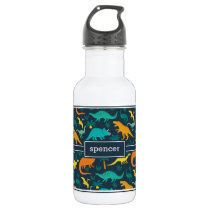 Navy | Cute Colorful Dinosaur Pattern Kids Name Stainless Steel Water Bottle Navy | Cute Colorful Dinosaur Pattern Kids Name Stainless Steel Water Bottle