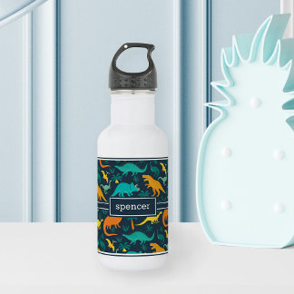 Navy | Cute Colorful Dinosaur Pattern Kids Name Stainless Steel Water Bottle