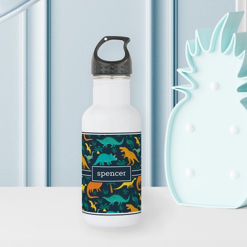 Navy  Cute Colorful Dinosaur Pattern Kids Name Stainless Steel Water Bottle
