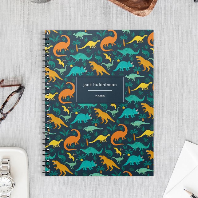 Navy | Cute Colorful Dinosaur Pattern Personalized Notebook (Creator Uploaded)
