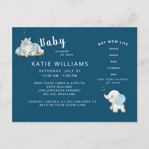  Navy Cute Funny Boy Mom Life Baby Shower by Mail Announcement Postcard