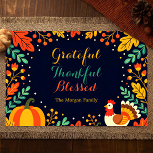Navy Cute Turkey Fall Leaves Thanksgiving Placemat